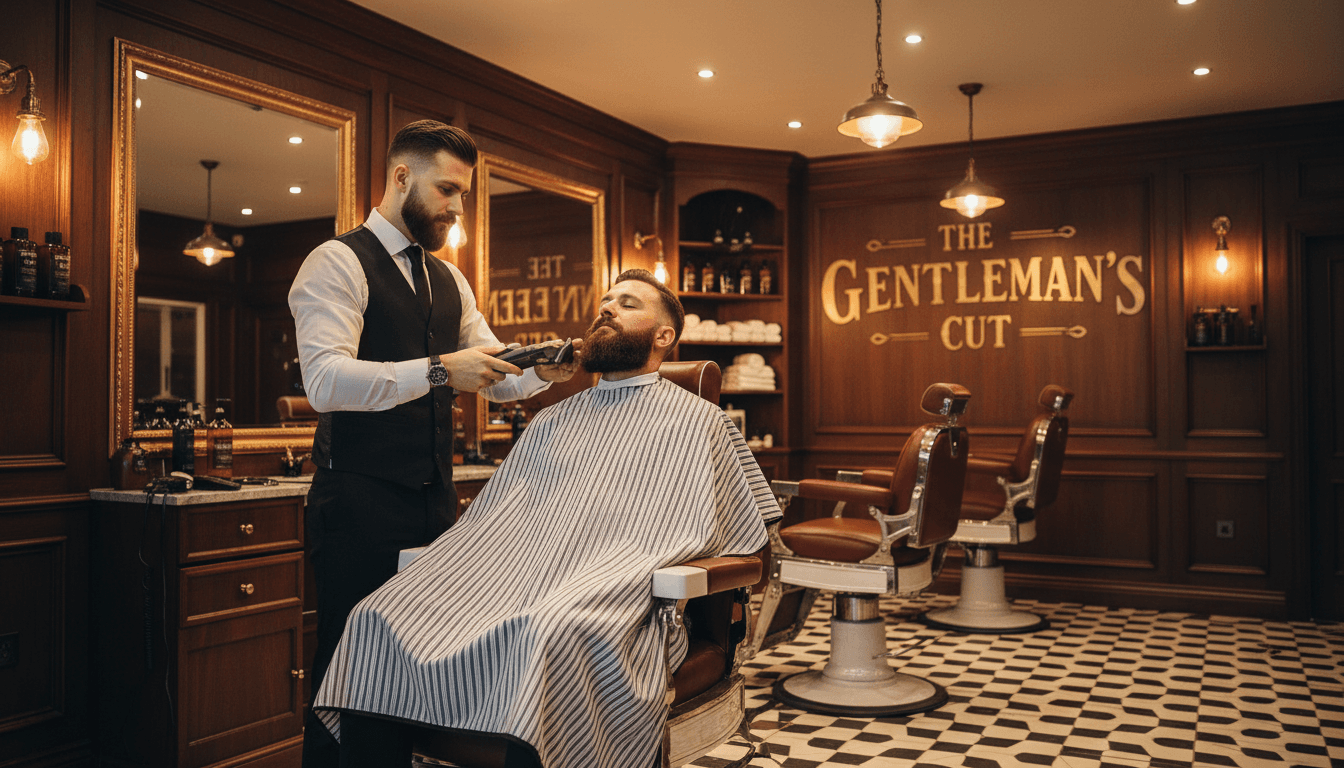 Barbero recortando la barba de un cliente en una barbería exclusiva