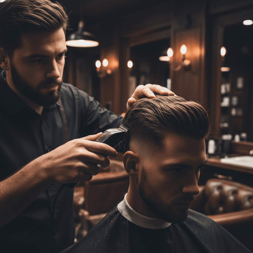 Primer plano de un barbero perfilando un high fade con maquinilla