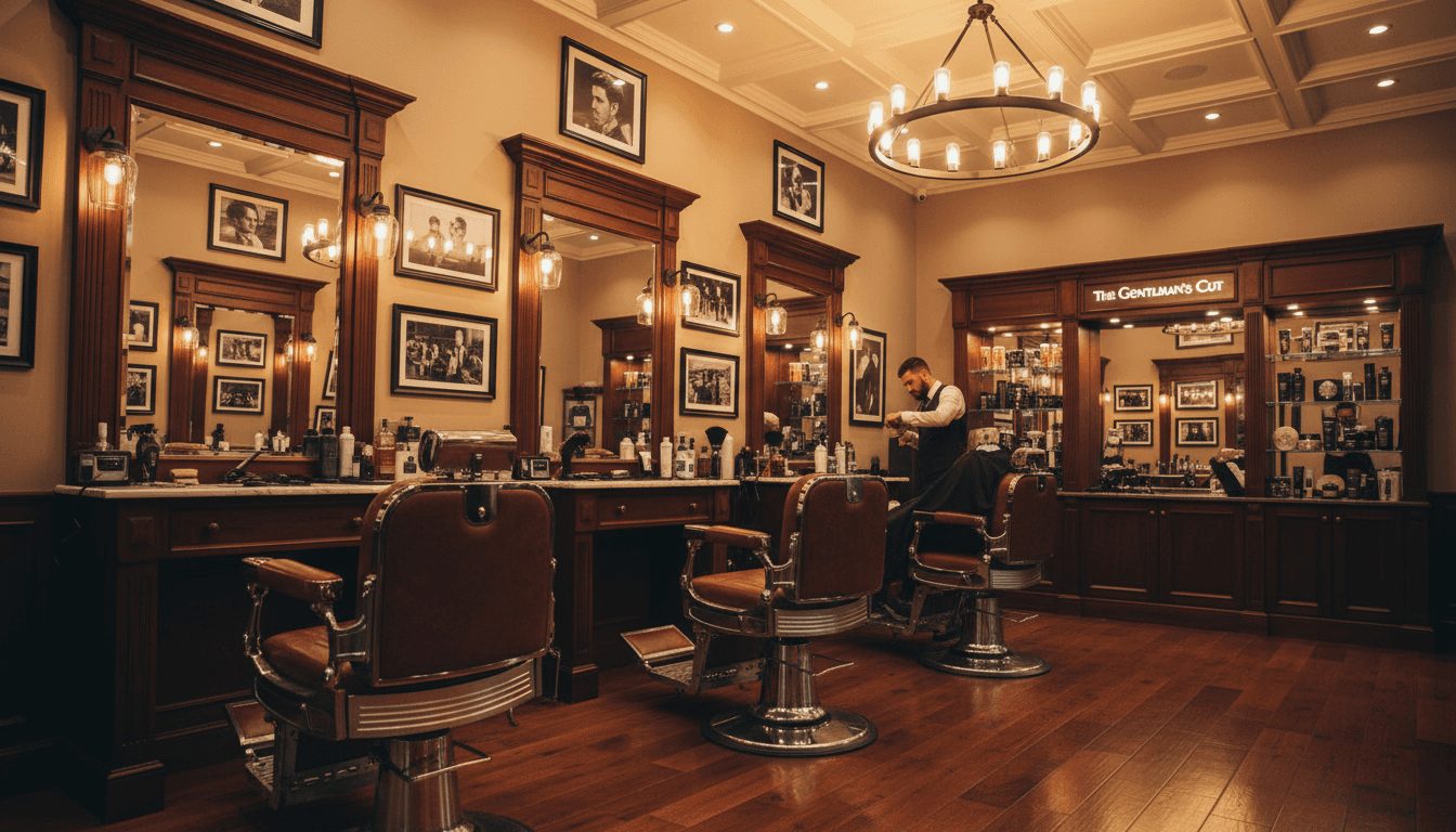 Interior de la barbería con luz cálida y ambiente elegante en Palma