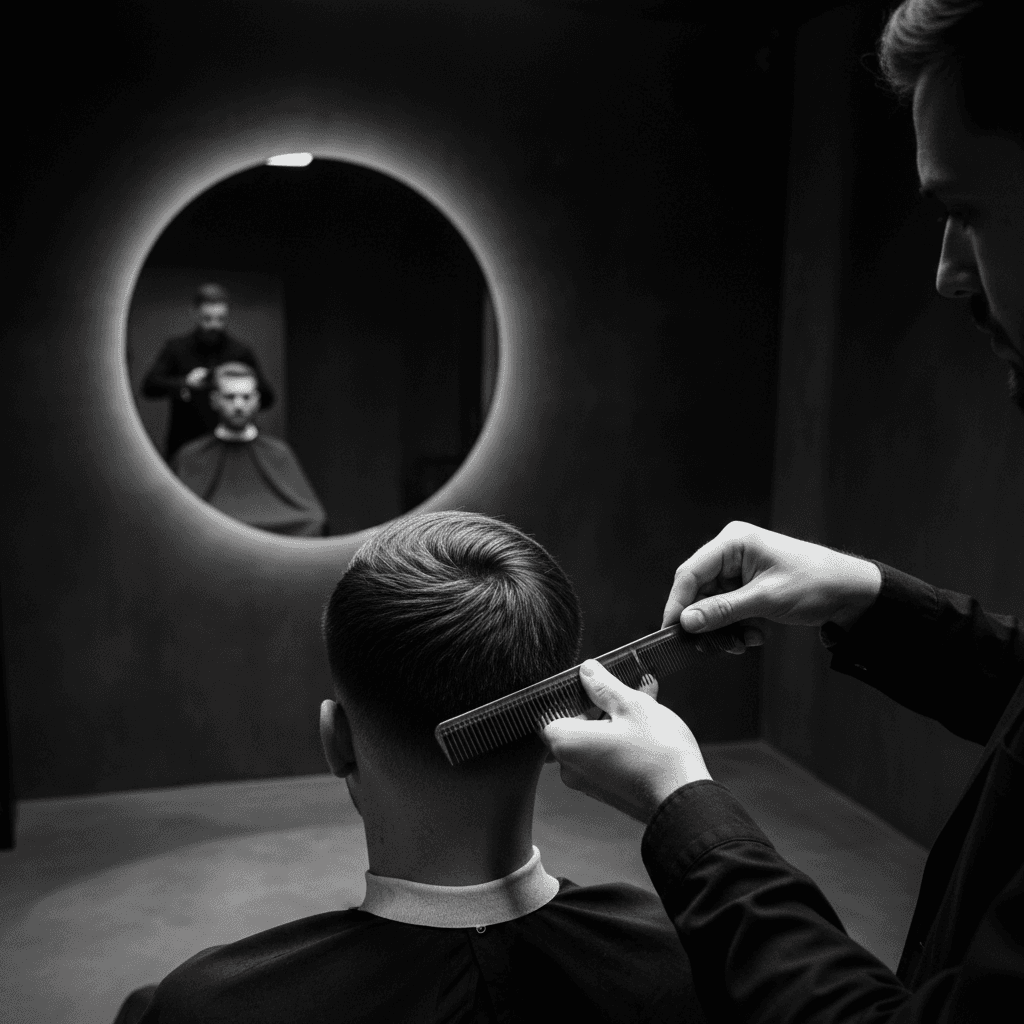 Vista trasera de un mid fade con la mano del barbero ajustando la línea