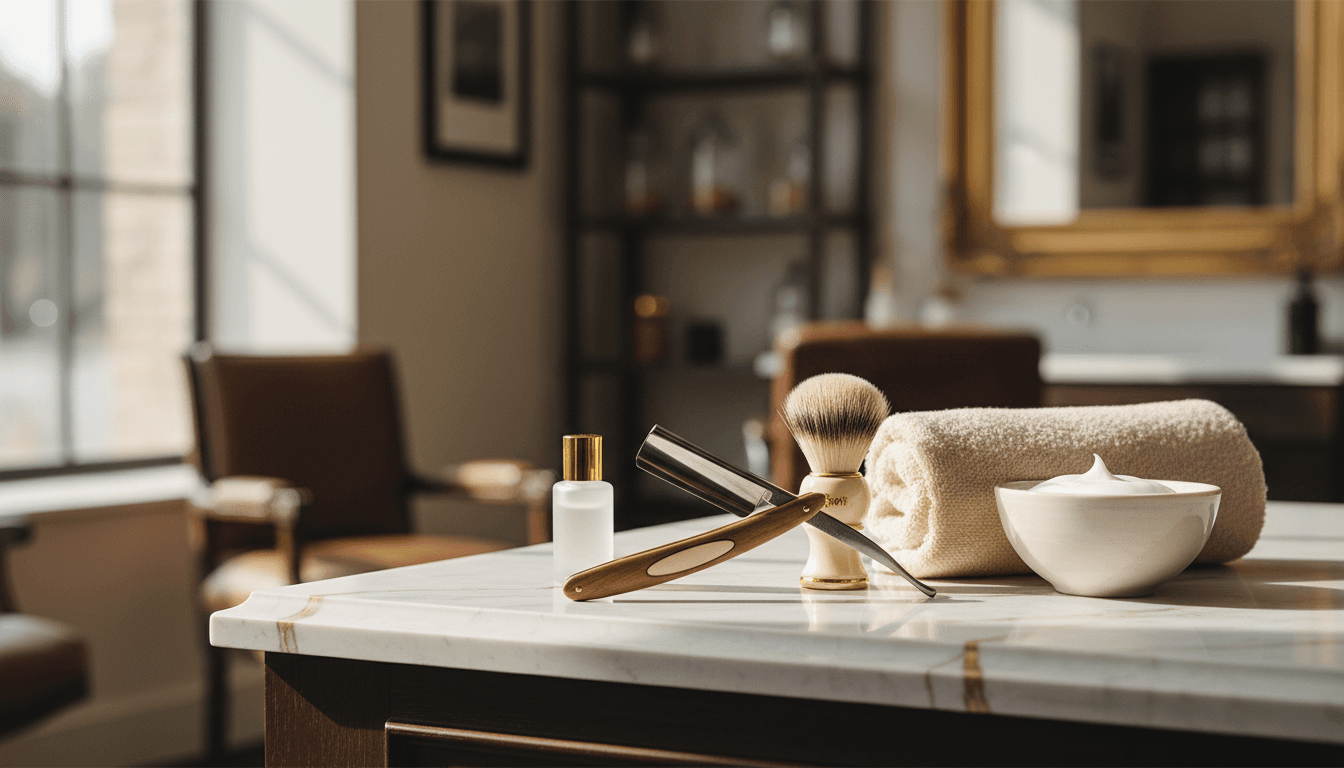 Afeitado tradicional con toalla caliente en barbería exclusiva