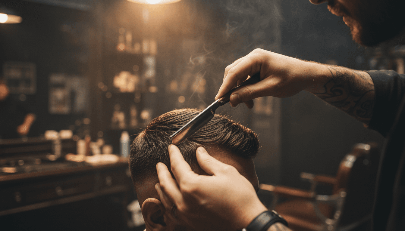 Barbero definiendo un king fade con navaja en una barbería de Palma