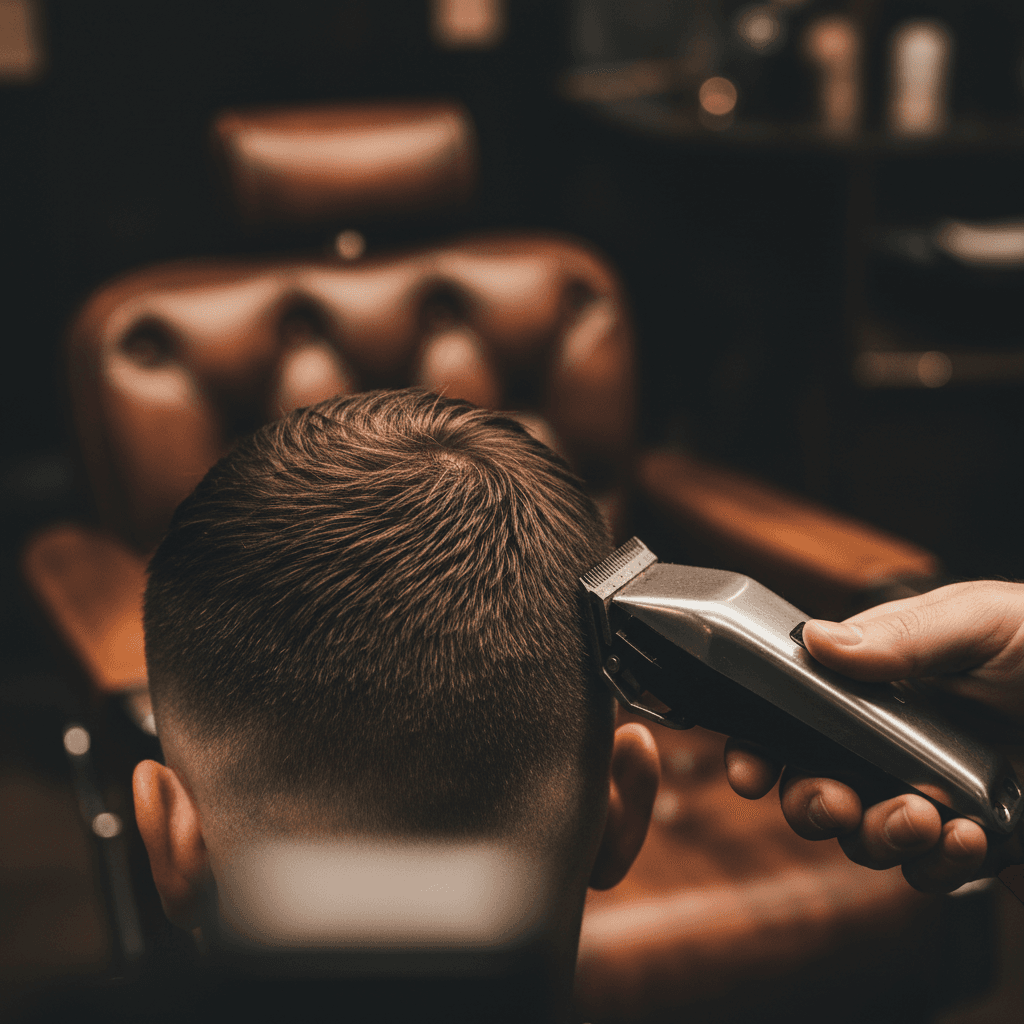 Barbero realizando un skin fade con maquinilla en la nuca de un cliente