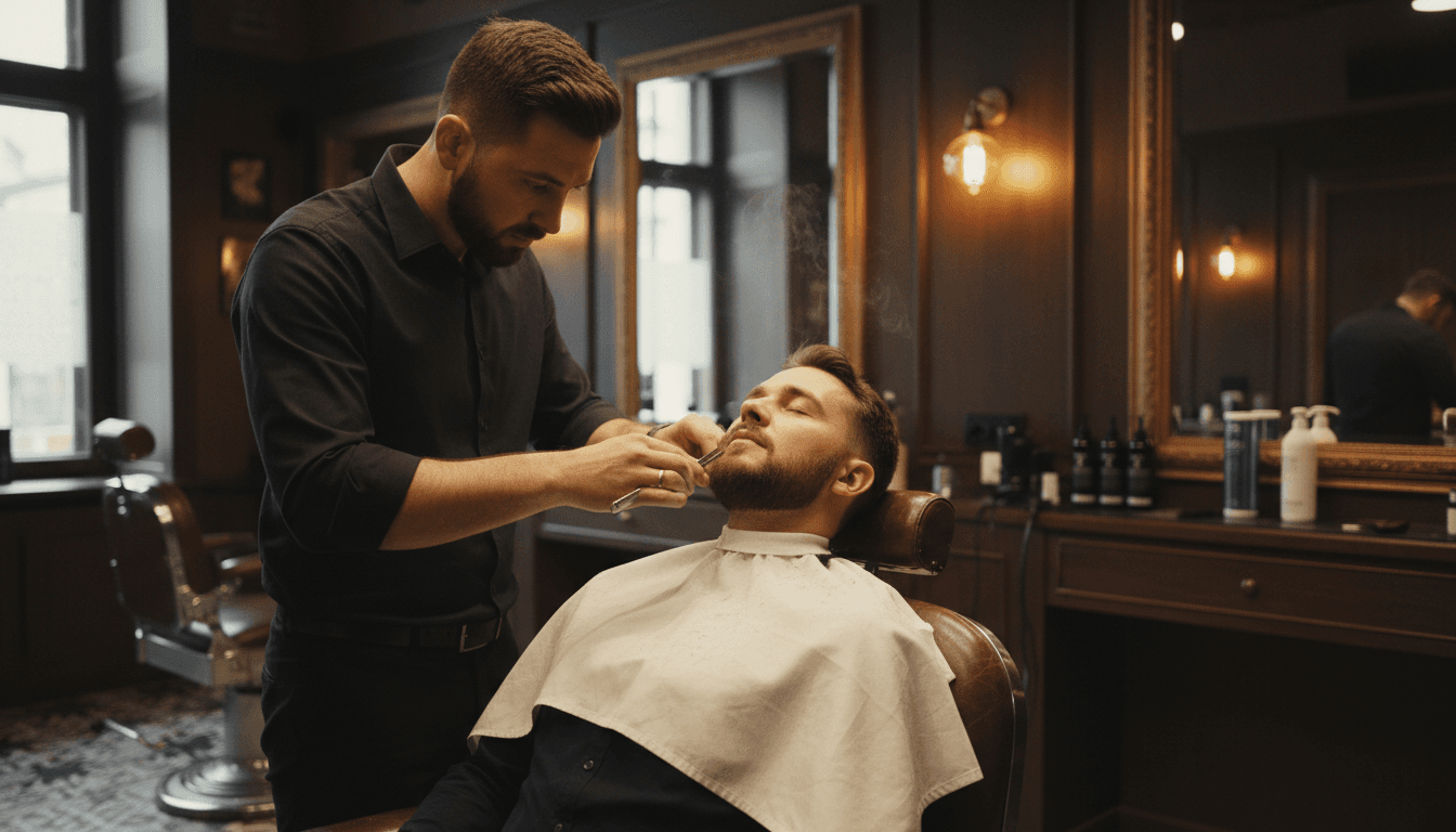 Barbero perfilando la barba de un cliente con navaja