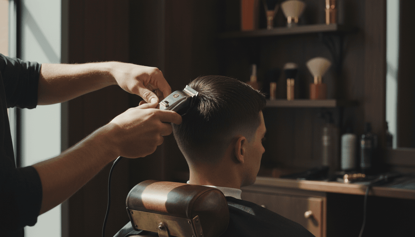 Barbero perfilando un degradado con maquinilla en un sillón de cuero