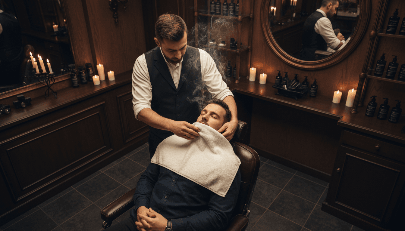 Cliente relajado con una toalla caliente sobre el rostro
