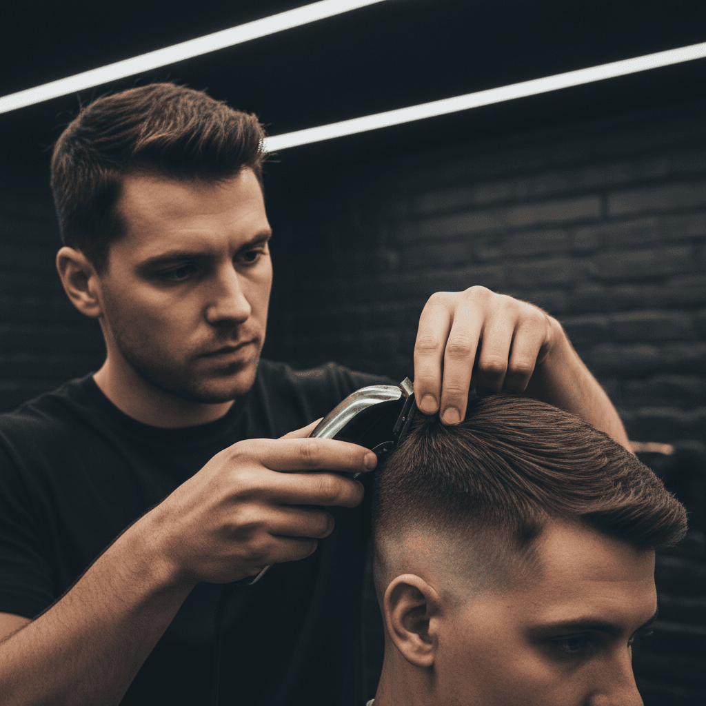 Barbero detallando un burst fade alrededor de la oreja de un cliente