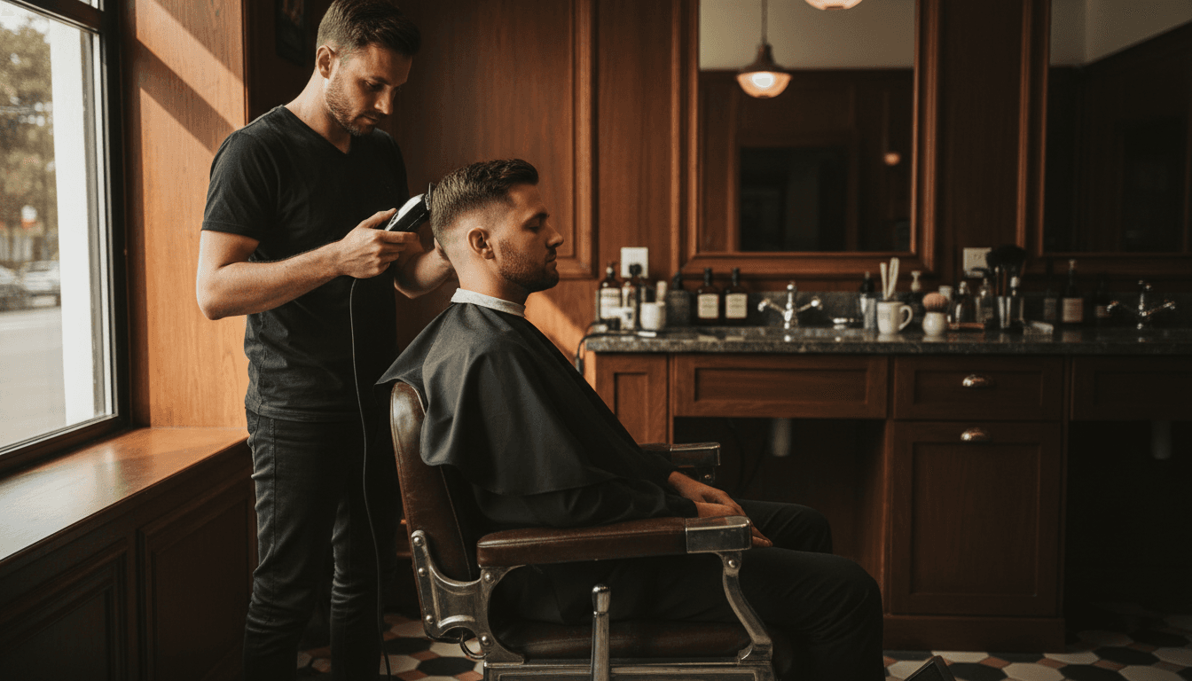 Barbero perfilando un taper fade con maquinilla