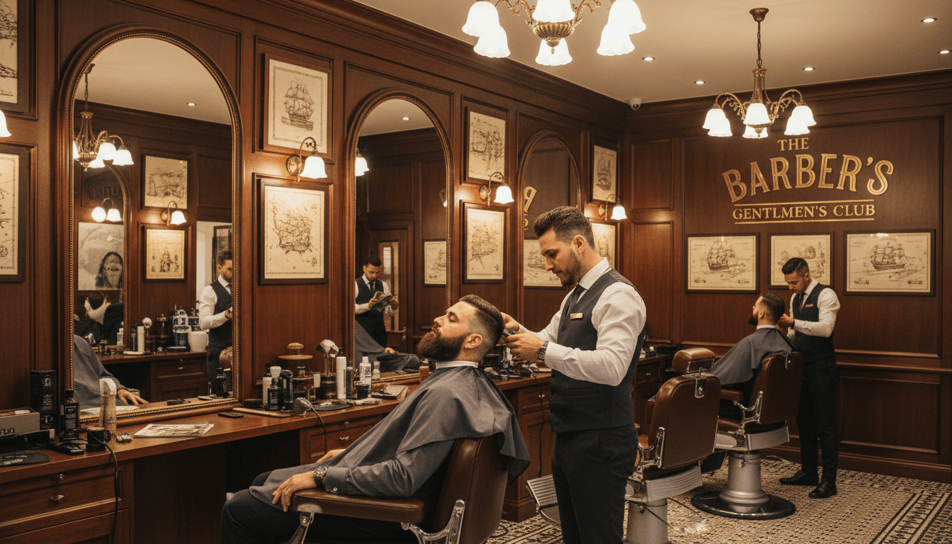Interior de la barbería con un cliente recibiendo un corte de degradado