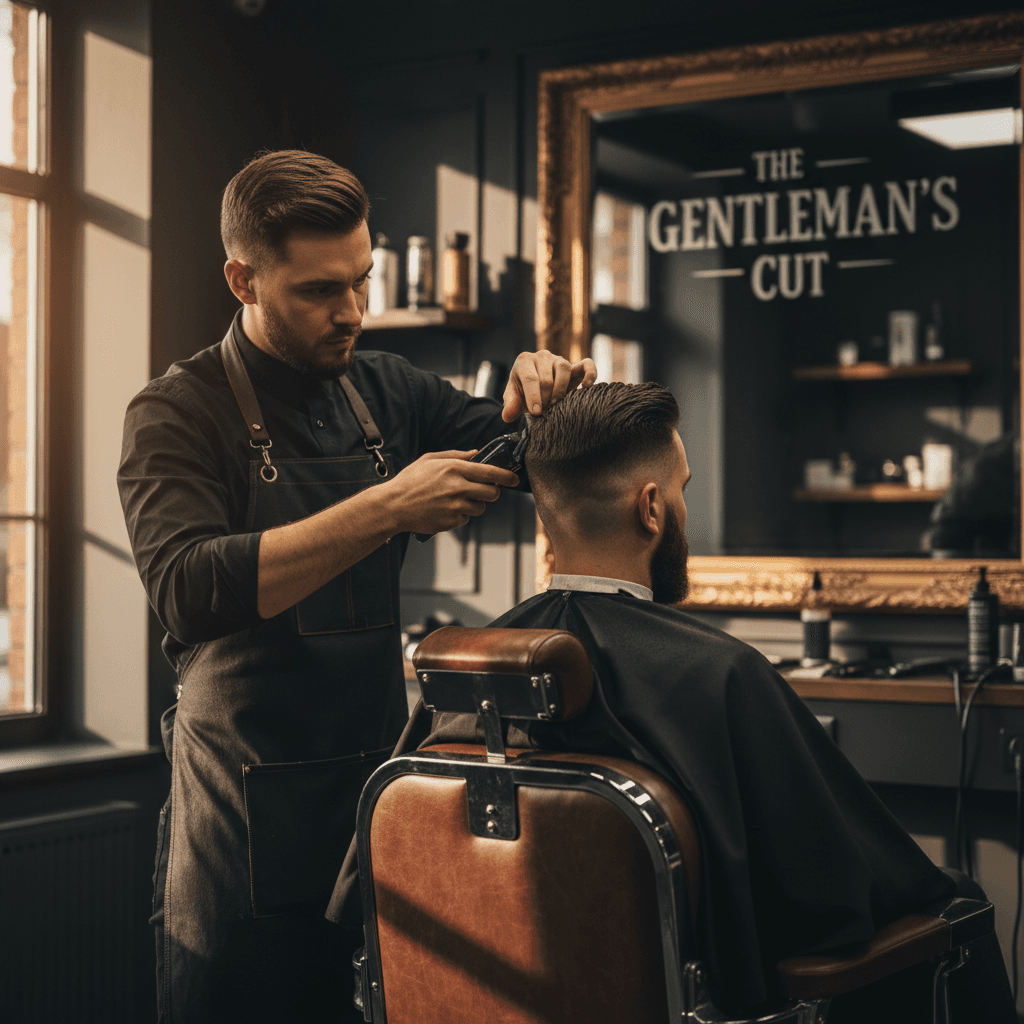 Barbero definiendo la barba de un cliente con un fade integrado