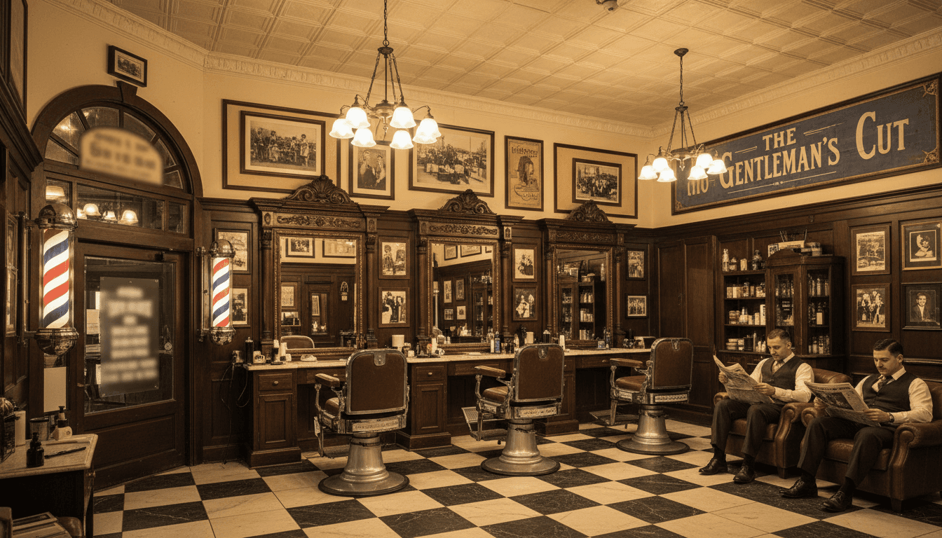 Interior elegante de la barbería con detalles de madera y luz cálida