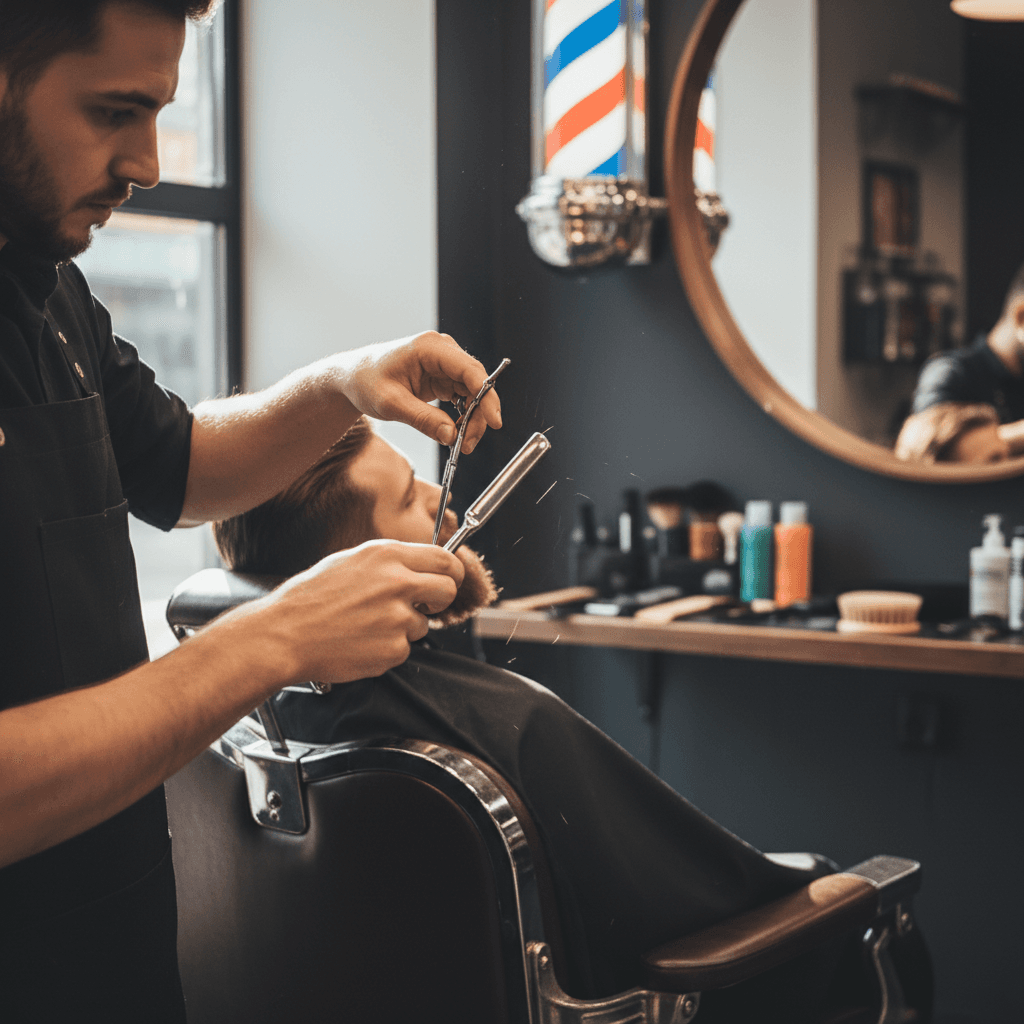 Arreglo de barba con maquinilla en barbería oscura