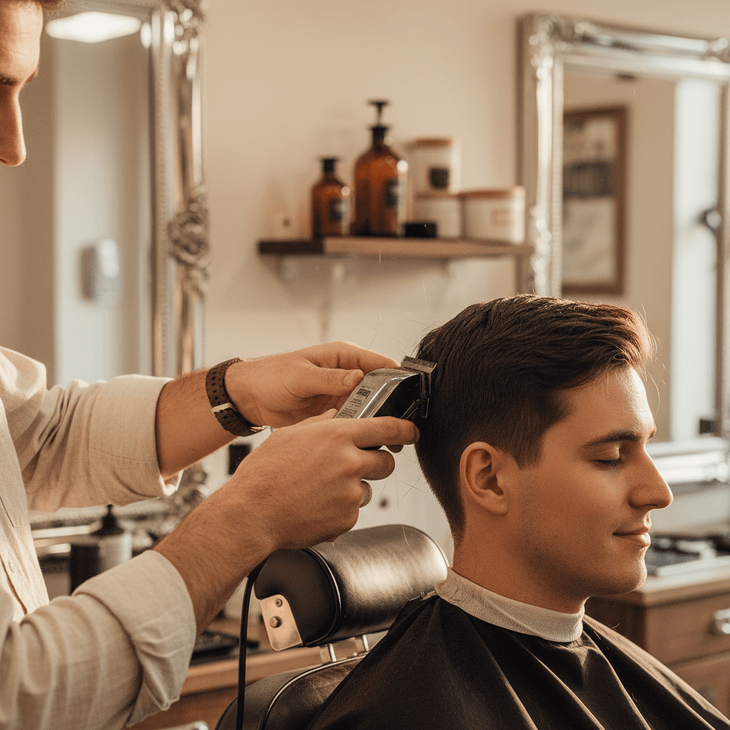 Barbero realizando un corte de precisión a un cliente en un salón moderno