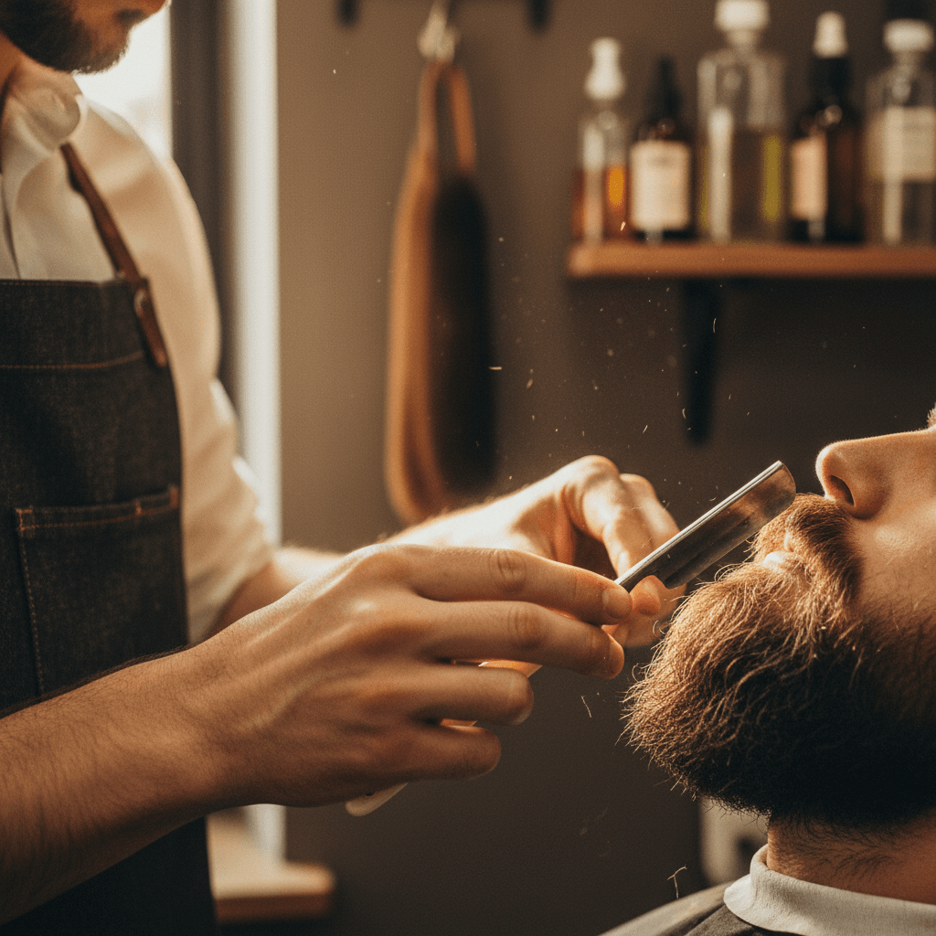 Maestro barbero perfilando la barba con navaja en un ambiente elegante