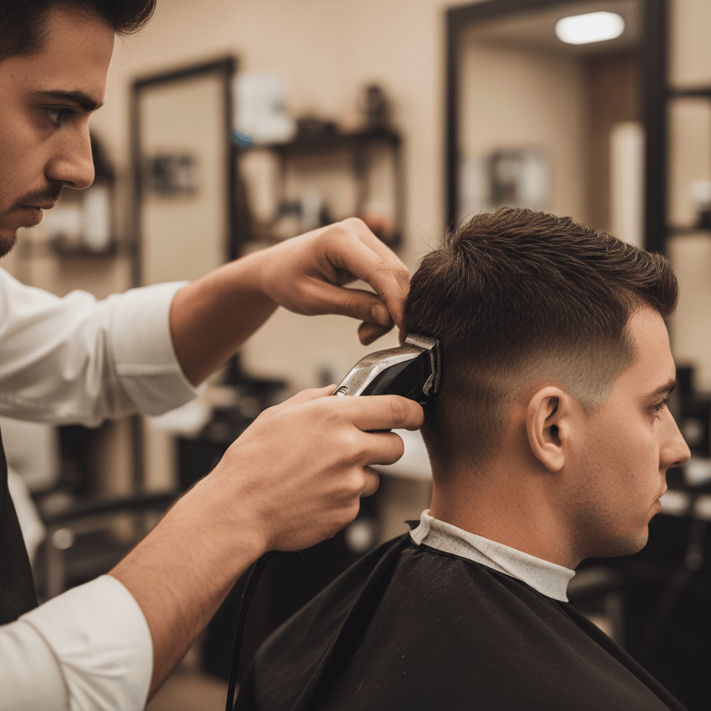 Primer plano de un barbero estilizando un corte degradado con tijeras