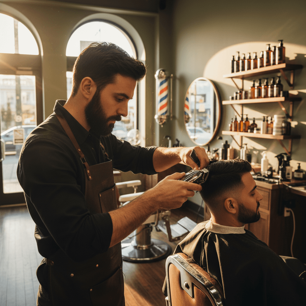 Peinado moderno con producto en barbería elegante