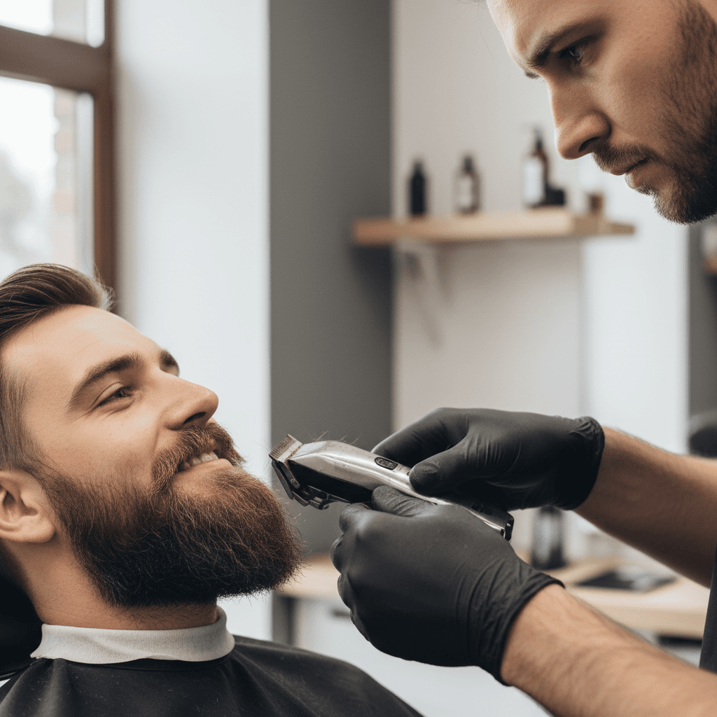Barbero recortando la barba de un cliente en una barbería moderna y elegante