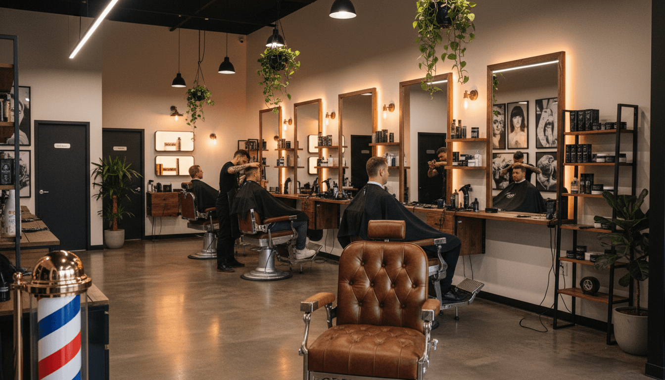 Interior de barbería moderno con luz cálida
