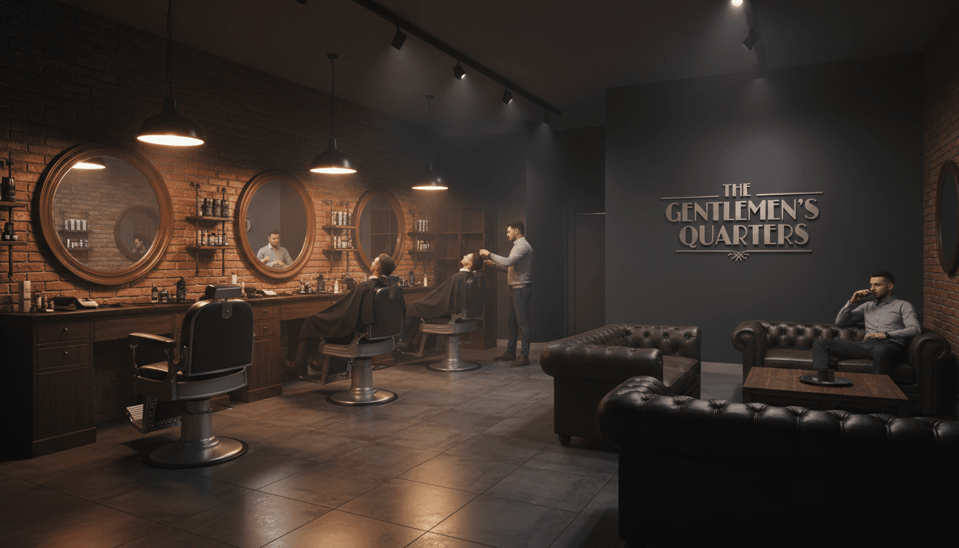 Interior de barbería con madera oscura e iluminación cálida