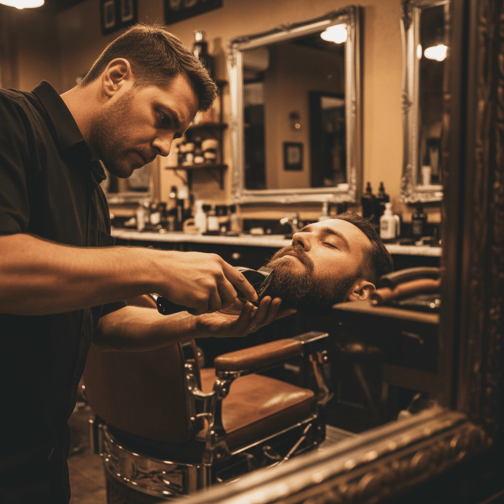 Barbero recortando la barba de un cliente en un entorno de lujo