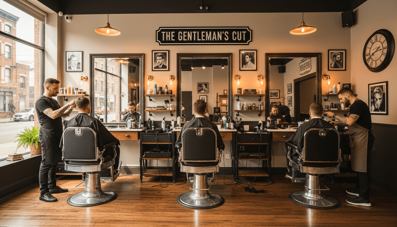 Interior de la barbería con estanterías de productos y acabados en madera
