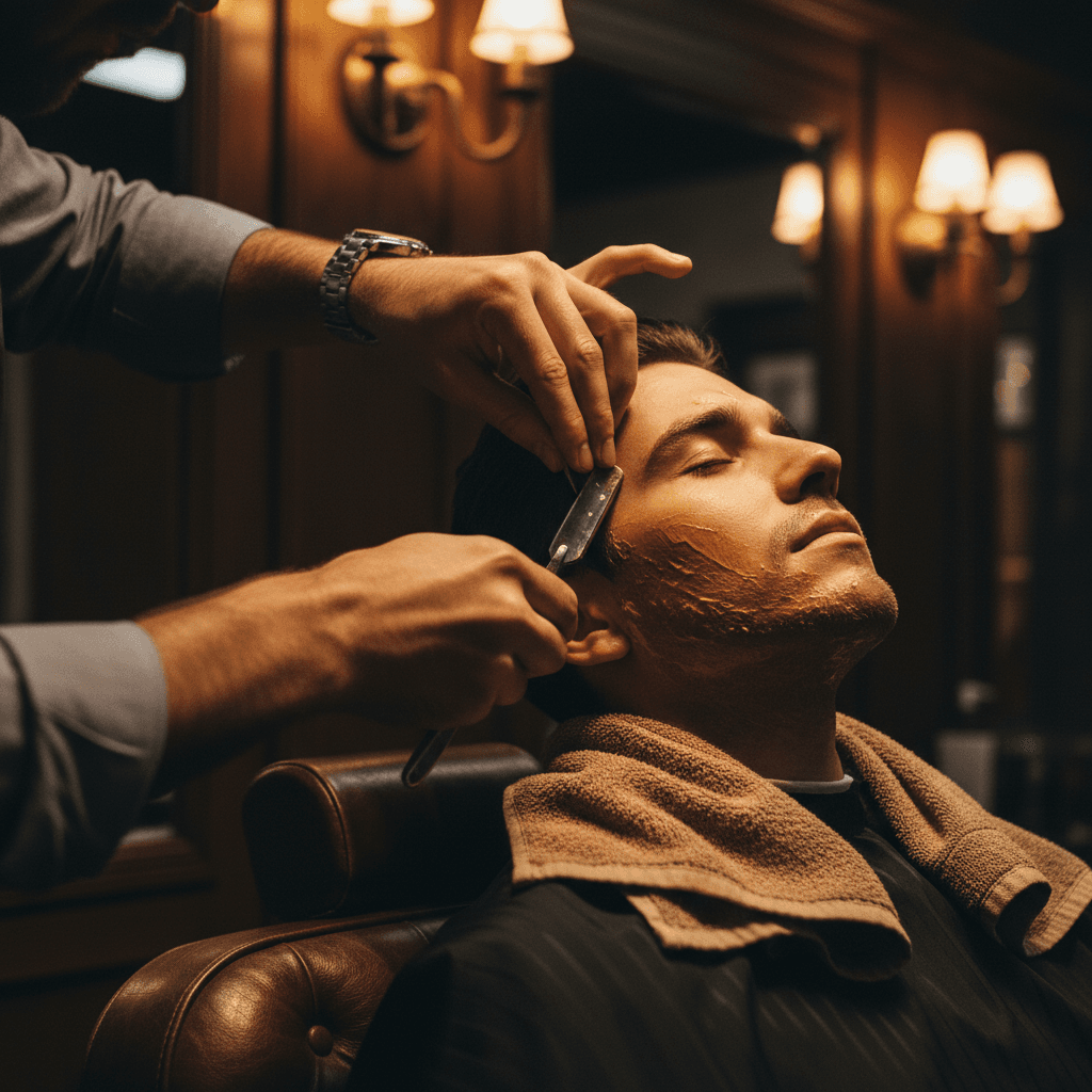 Perfilado de barba con navaja en barbería de lujo